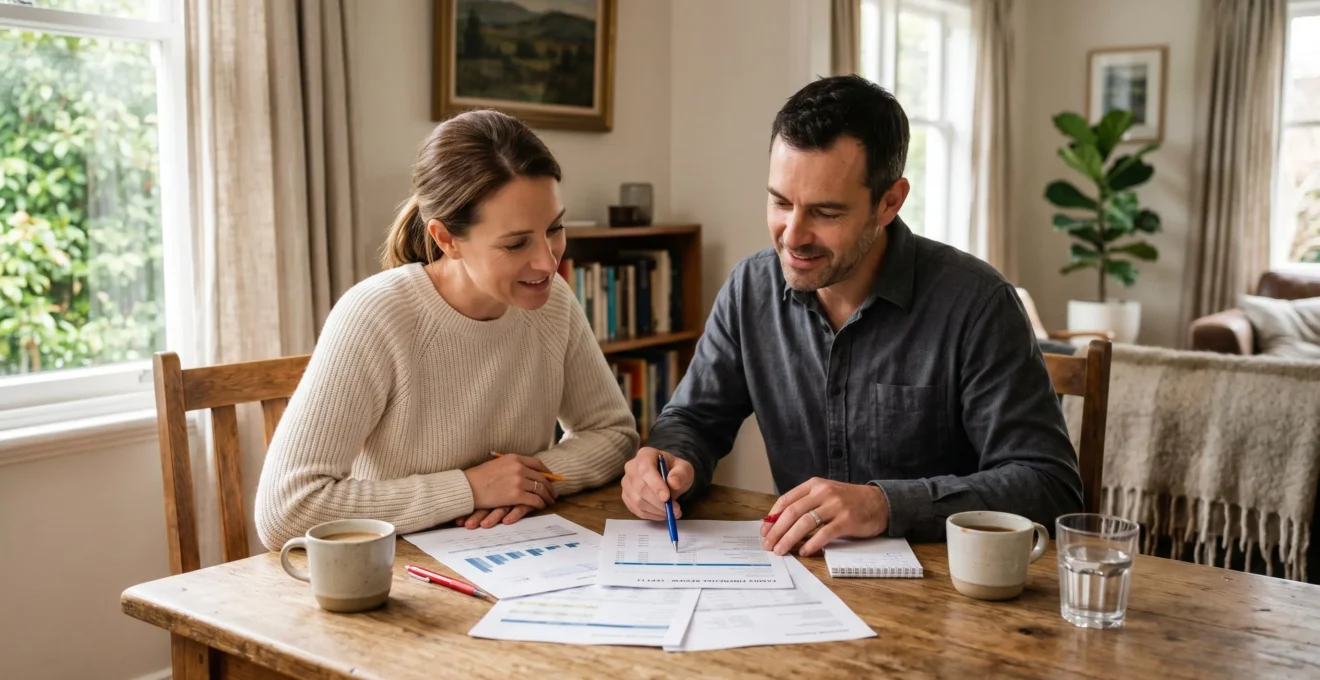 Un couple d'une quarantaine d'années consulte des documents financiers autour d'une table lumineuse, air concentré et serein