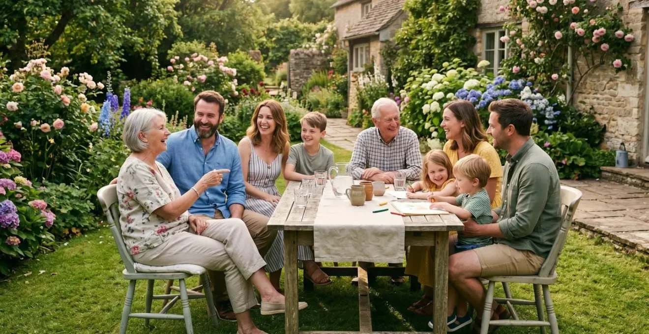Une famille intergénérationnelle — grands-parents, parents et enfants adultes — réunis dans un jardin, dans une conversation détendue et complice