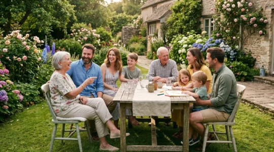 Une famille intergénérationnelle — grands-parents, parents et enfants adultes — réunis dans un jardin, dans une conversation détendue et complice