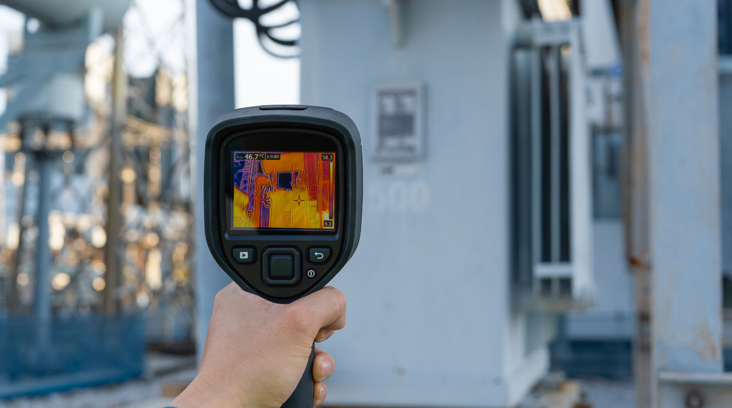 Un technicien inspectant un réseau de distribution de chauffage dans un couloir technique d'immeuble tertiaire