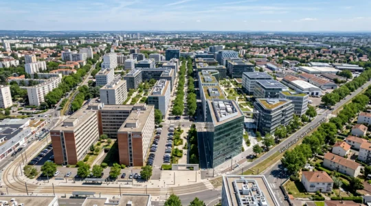 Vue aérienne d'un ensemble immobilier tertiaire en France, montrant des immeubles de bureaux de différentes époques de construction