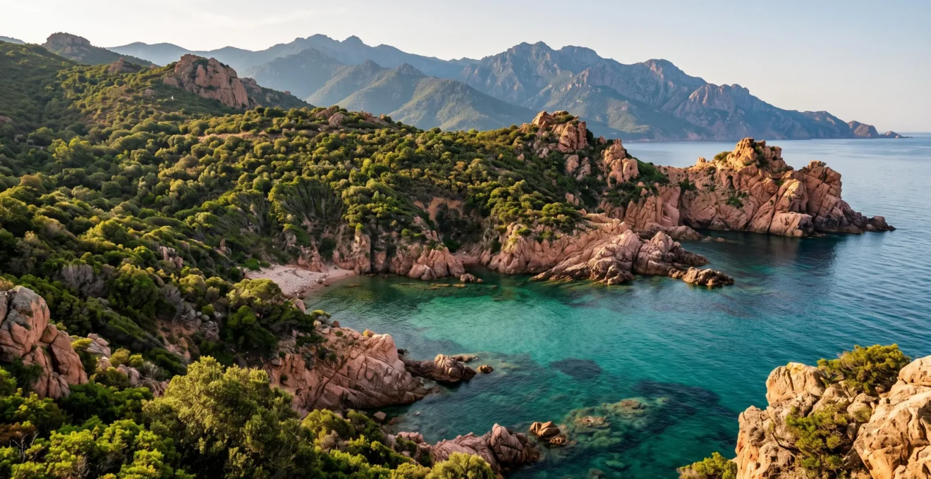 Vue panoramique sur une crique corse aux eaux turquoise entourée de rochers de granit rose et de maquis méditerranéen avec montagnes en arrière-plan