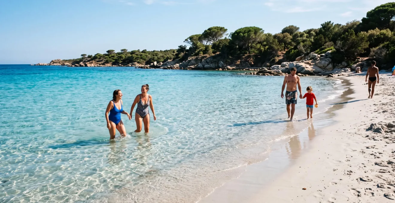 Plage de sable fin en Corse avec eau turquoise translucide et quelques personnes se baignant naturellement au bord de l'eau