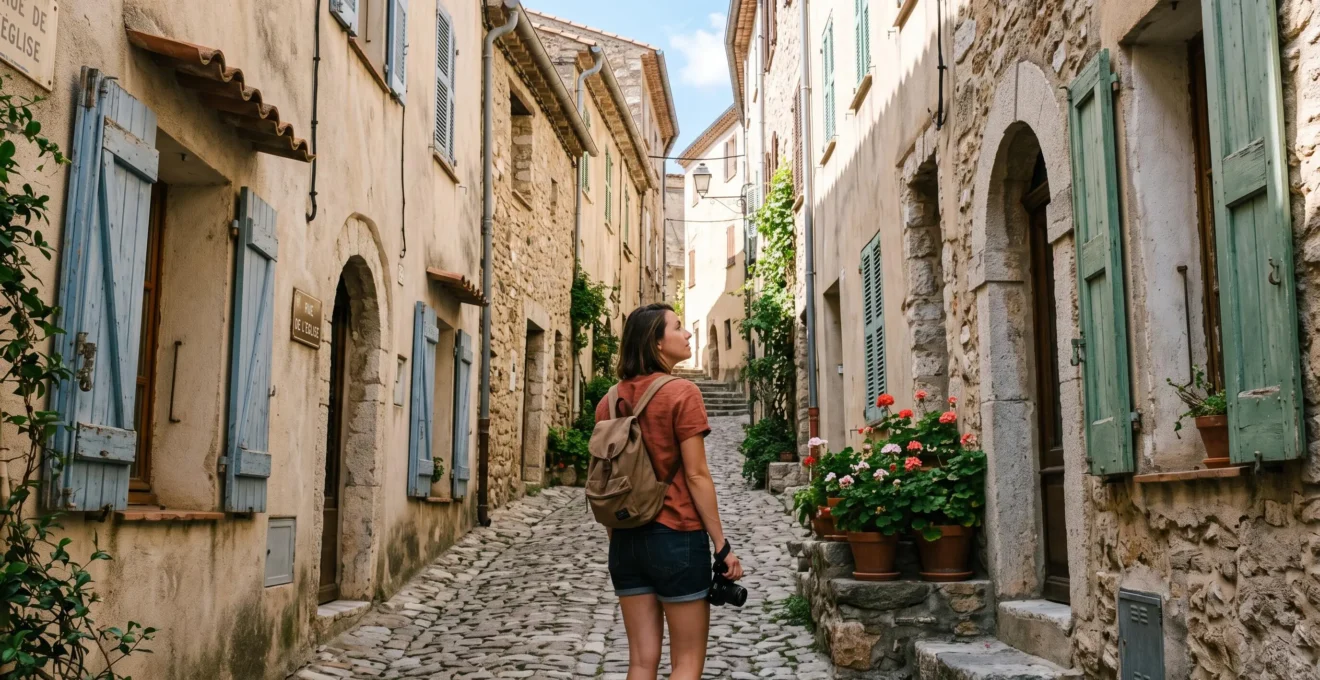 Touriste marchant dans une ruelle pavée étroite d'un village corse traditionnel aux maisons de pierre et volets colorés
