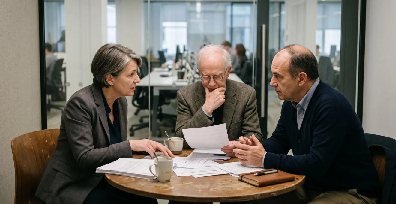 Trois dirigeants échangent à voix basse autour de documents dans un salon isolé du séminaire.