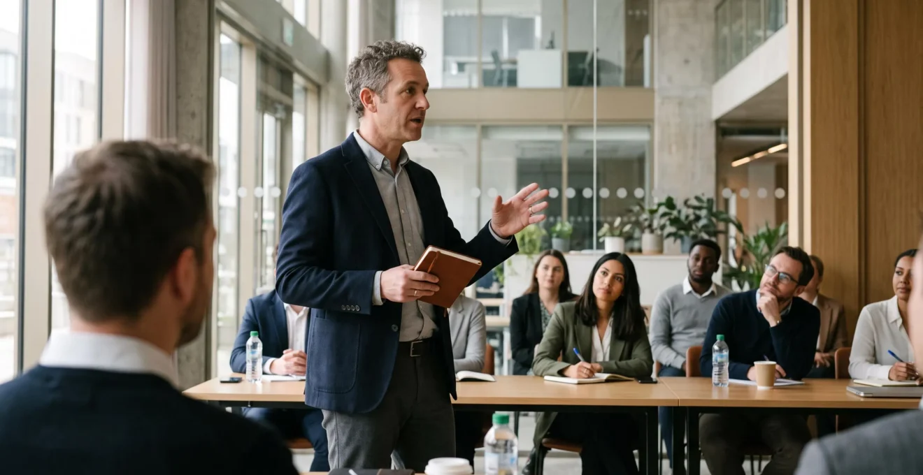 Un manager s'exprime debout devant des dirigeants attentifs pendant une session élargie de séminaire.