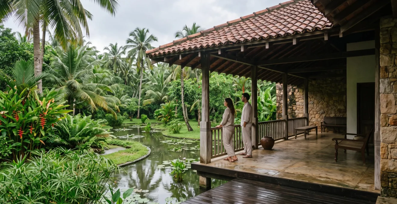 Un pavillon tropical ouvert sur un jardin d'eau, observé par deux visiteurs au Sri Lanka.