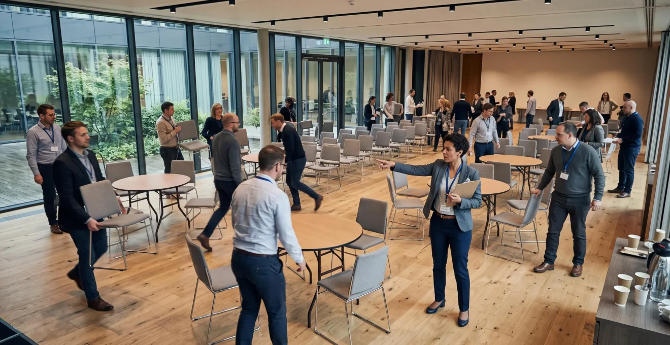 Des participants réorganisent tables et chaises d'une salle de séminaire entre deux formats de session.