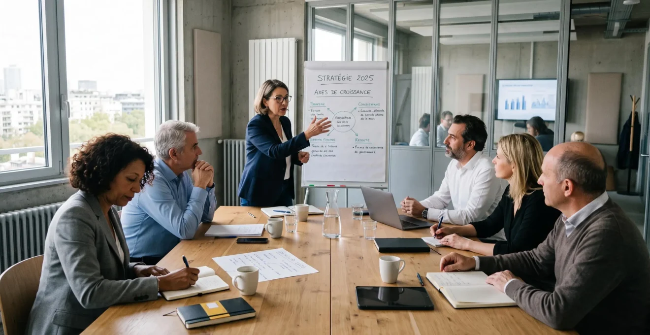Un comité de direction discute stratégie autour d'une longue table lors d'un séminaire en entreprise.