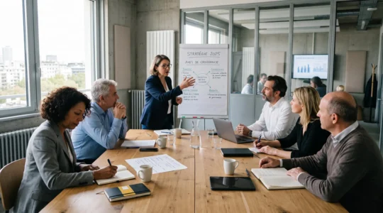 Un comité de direction discute stratégie autour d'une longue table lors d'un séminaire en entreprise.