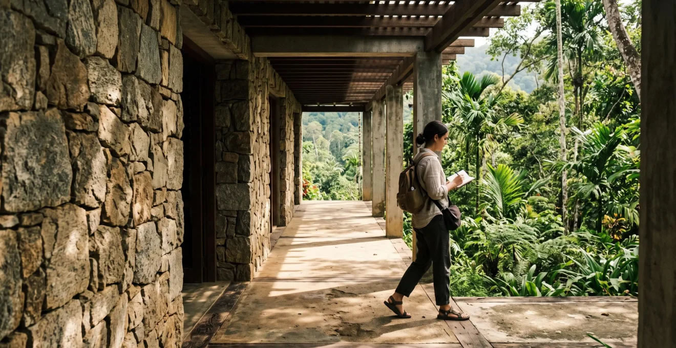 Une visiteuse marche le long d'un couloir de pierre ouvert sur la jungle environnante.